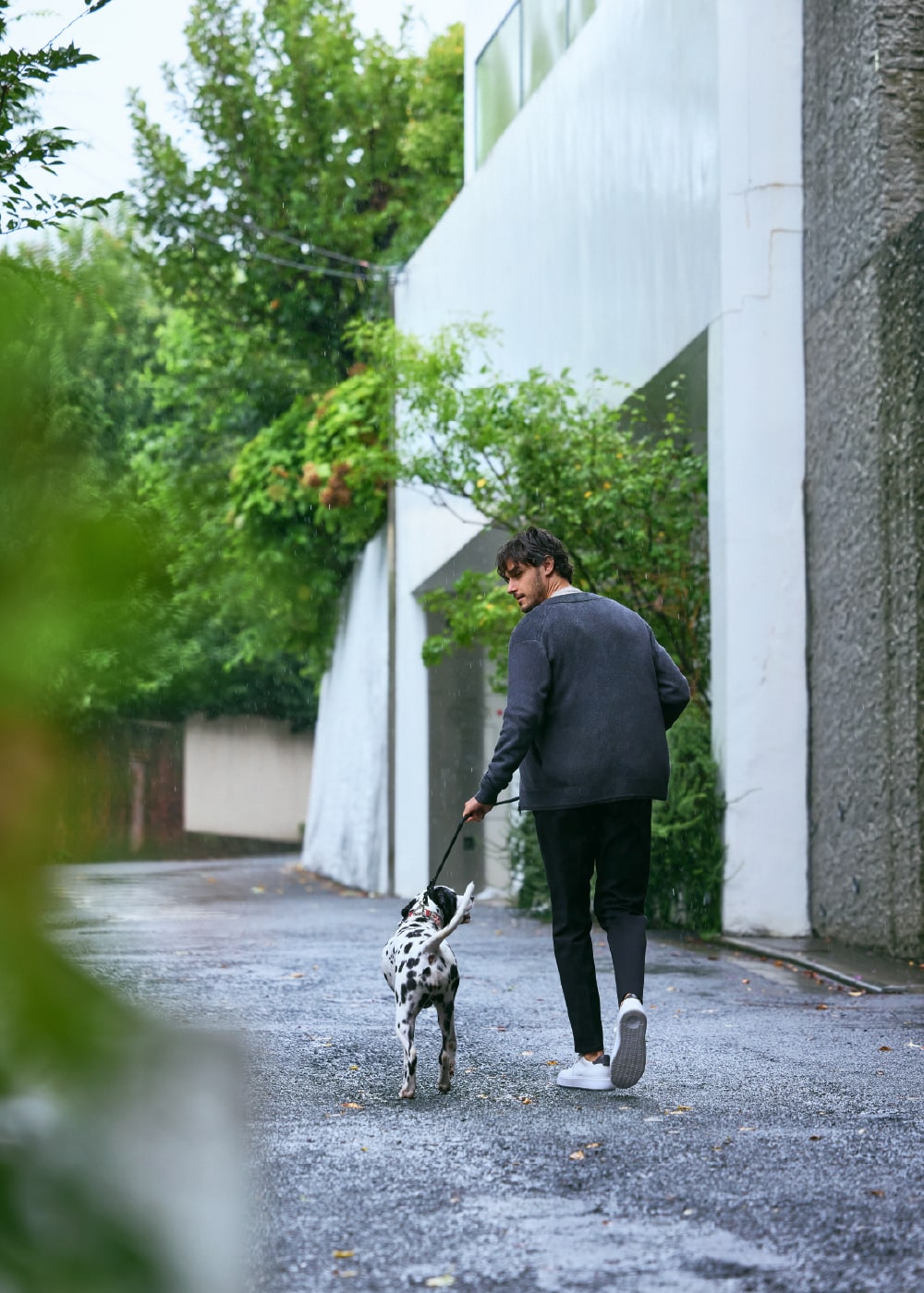 ブルゾン・カットソー・パンツのコーディネートで犬と散歩している男性の画像。